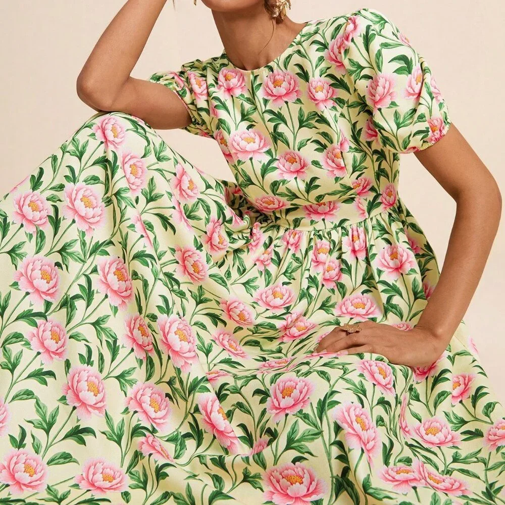 Yellow Boho Women's Floral Print Round-Neck Puff Sleeve A-Line Midi Dress_4